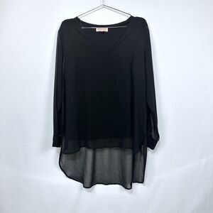 Philosophy Women Blouse Size 1X Hi Low Hem Black Split Neck Roll Tab Sleeve